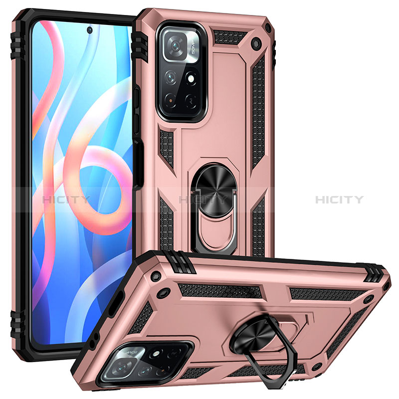 Funda Bumper Silicona y Plastico Mate Carcasa con Magnetico Anillo de dedo Soporte MQ3 para Xiaomi Redmi Note 11S 5G Oro Rosa