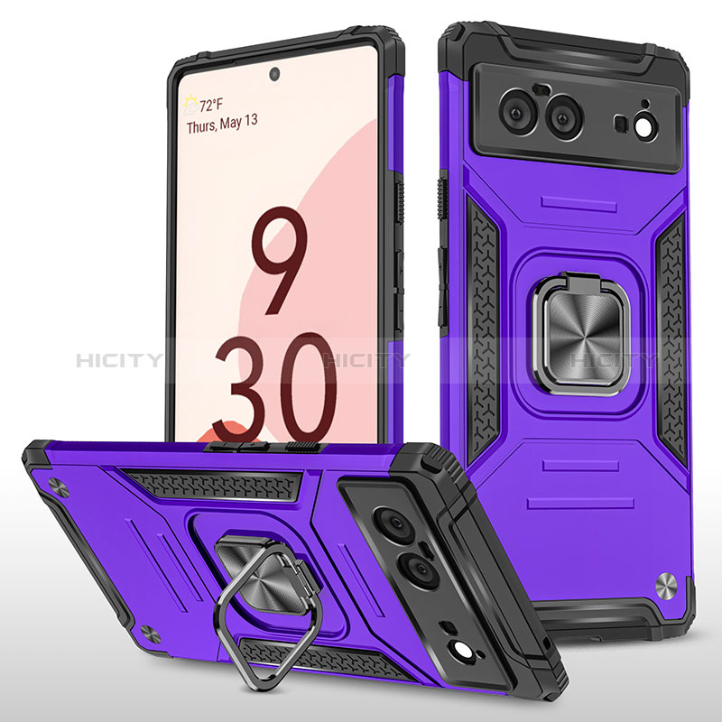 Funda Bumper Silicona y Plastico Mate Carcasa con Magnetico Anillo de dedo Soporte MQ4 para Google Pixel 6 5G Morado