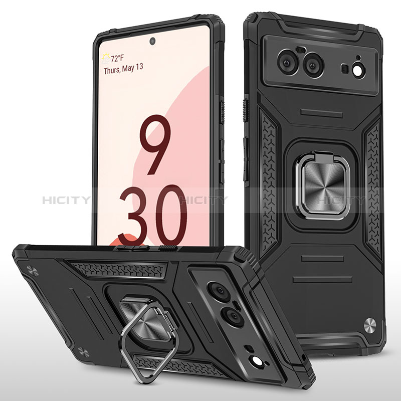 Funda Bumper Silicona y Plastico Mate Carcasa con Magnetico Anillo de dedo Soporte MQ4 para Google Pixel 6 5G Negro