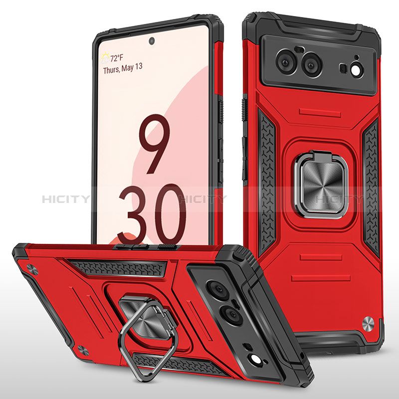 Funda Bumper Silicona y Plastico Mate Carcasa con Magnetico Anillo de dedo Soporte MQ4 para Google Pixel 6 5G Rojo