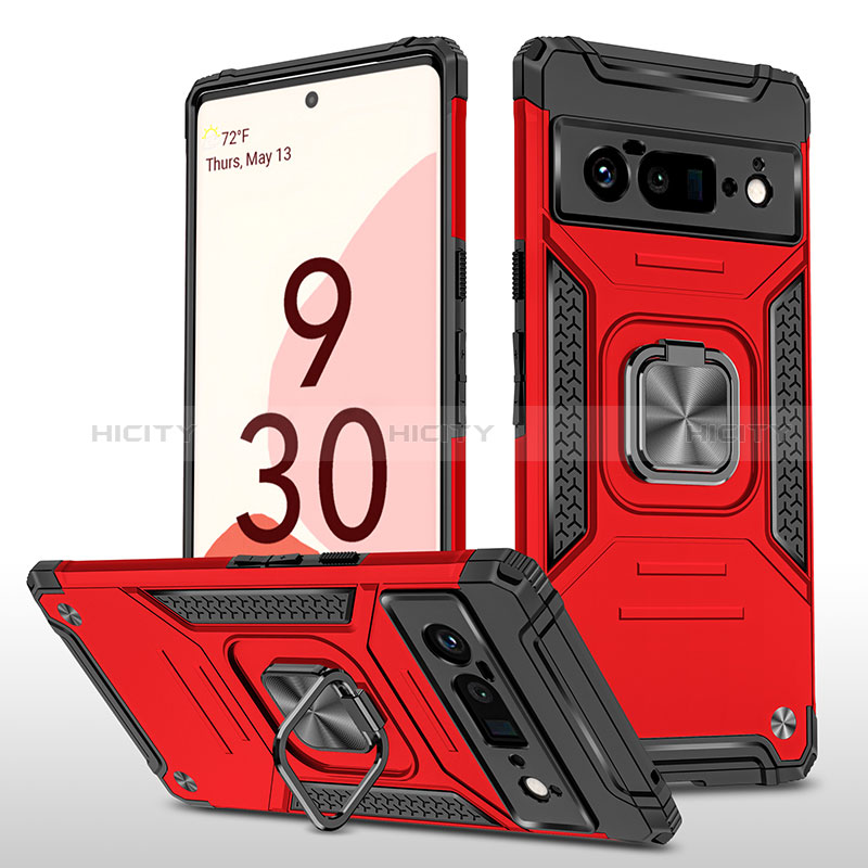 Funda Bumper Silicona y Plastico Mate Carcasa con Magnetico Anillo de dedo Soporte MQ4 para Google Pixel 6 Pro 5G Rojo