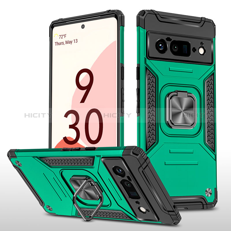 Funda Bumper Silicona y Plastico Mate Carcasa con Magnetico Anillo de dedo Soporte MQ4 para Google Pixel 6 Pro 5G Verde Noche