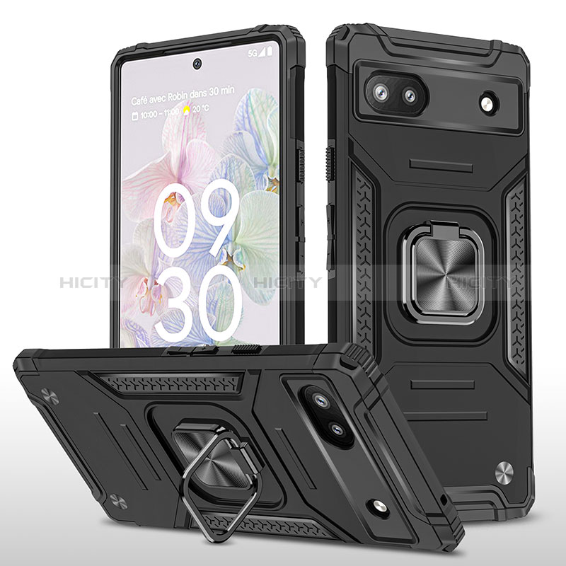 Funda Bumper Silicona y Plastico Mate Carcasa con Magnetico Anillo de dedo Soporte MQ4 para Google Pixel 6a 5G Negro