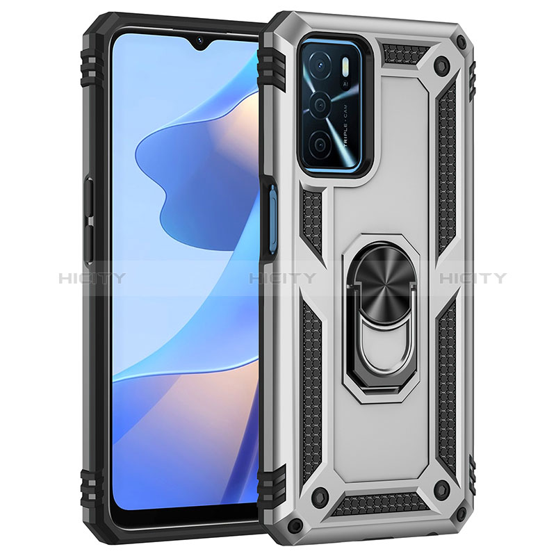 Funda Bumper Silicona y Plastico Mate Carcasa con Magnetico Anillo de dedo Soporte MQ4 para Oppo A16 Plata