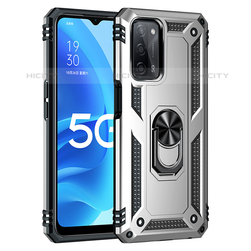 Funda Bumper Silicona y Plastico Mate Carcasa con Magnetico Anillo de dedo Soporte MQ4 para Oppo A53s 5G Plata