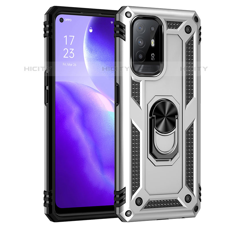 Funda Bumper Silicona y Plastico Mate Carcasa con Magnetico Anillo de dedo Soporte MQ4 para Oppo A95 5G Plata