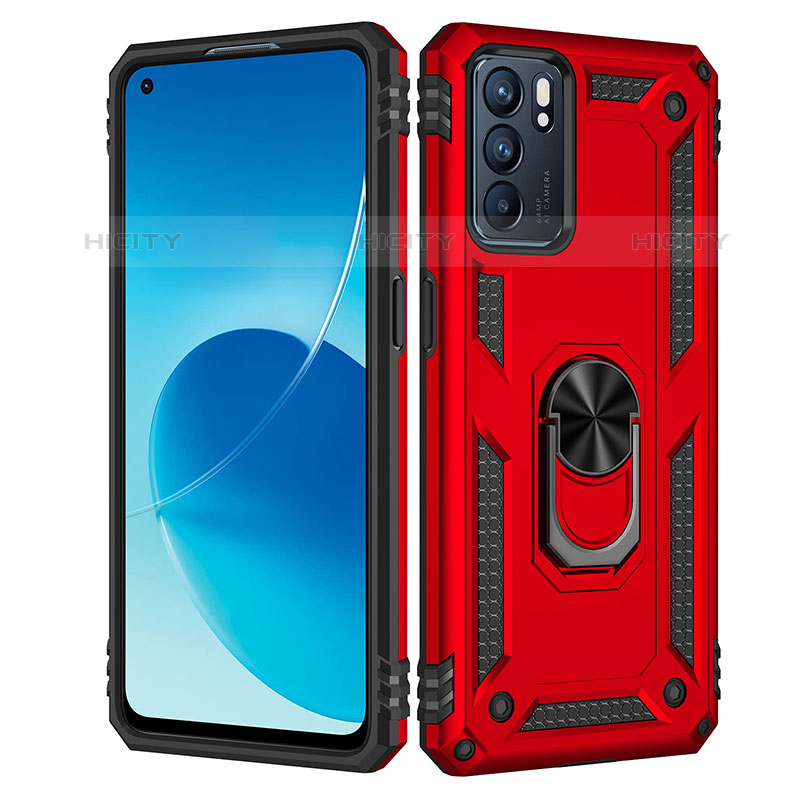 Funda Bumper Silicona y Plastico Mate Carcasa con Magnetico Anillo de dedo Soporte MQ4 para Oppo Reno6 5G Rojo