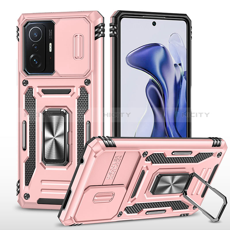 Funda Bumper Silicona y Plastico Mate Carcasa con Magnetico Anillo de dedo Soporte MQ4 para Xiaomi Mi 11T 5G Oro Rosa