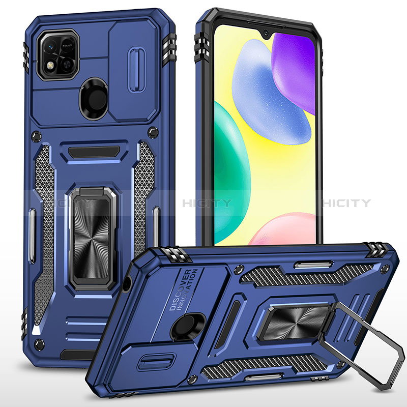 Funda Bumper Silicona y Plastico Mate Carcasa con Magnetico Anillo de dedo Soporte MQ4 para Xiaomi POCO C3 Azul