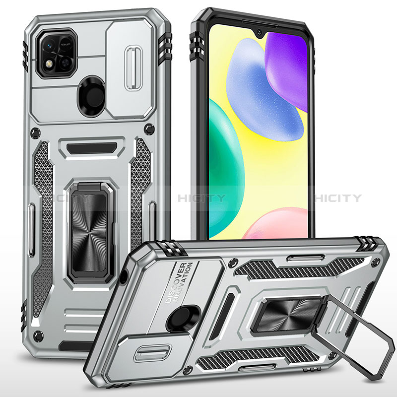 Funda Bumper Silicona y Plastico Mate Carcasa con Magnetico Anillo de dedo Soporte MQ4 para Xiaomi POCO C31 Plata