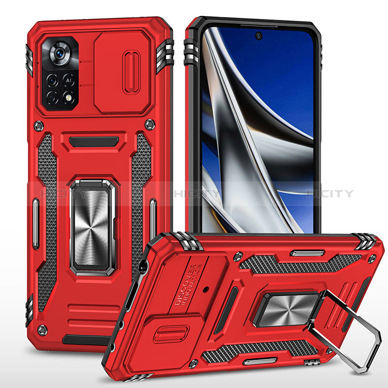 Funda Bumper Silicona y Plastico Mate Carcasa con Magnetico Anillo de dedo Soporte MQ4 para Xiaomi Poco X4 Pro 5G Rojo