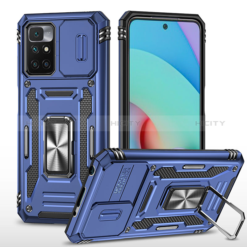 Funda Bumper Silicona y Plastico Mate Carcasa con Magnetico Anillo de dedo Soporte MQ4 para Xiaomi Redmi 10 4G Azul