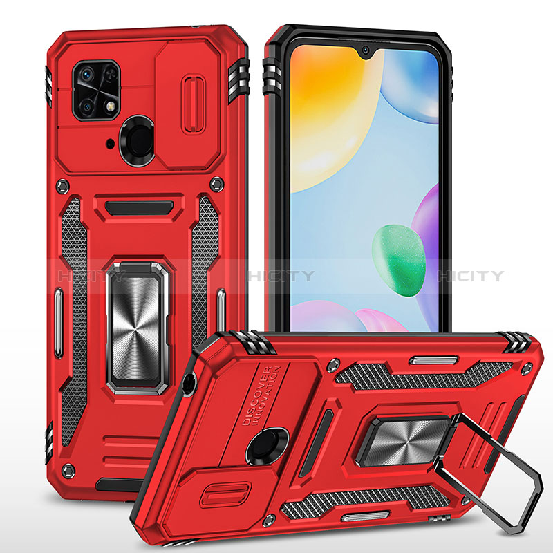 Funda Bumper Silicona y Plastico Mate Carcasa con Magnetico Anillo de dedo Soporte MQ4 para Xiaomi Redmi 10 India Rojo