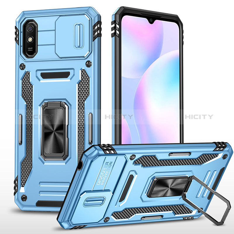 Funda Bumper Silicona y Plastico Mate Carcasa con Magnetico Anillo de dedo Soporte MQ4 para Xiaomi Redmi 9A Azul Cielo