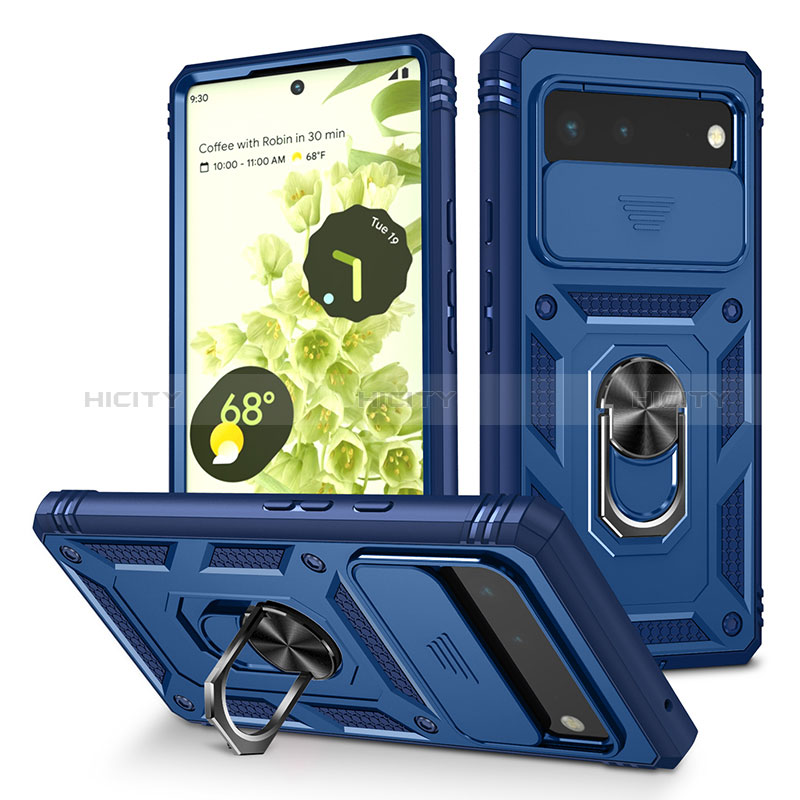 Funda Bumper Silicona y Plastico Mate Carcasa con Magnetico Anillo de dedo Soporte MQ5 para Google Pixel 6 5G Azul