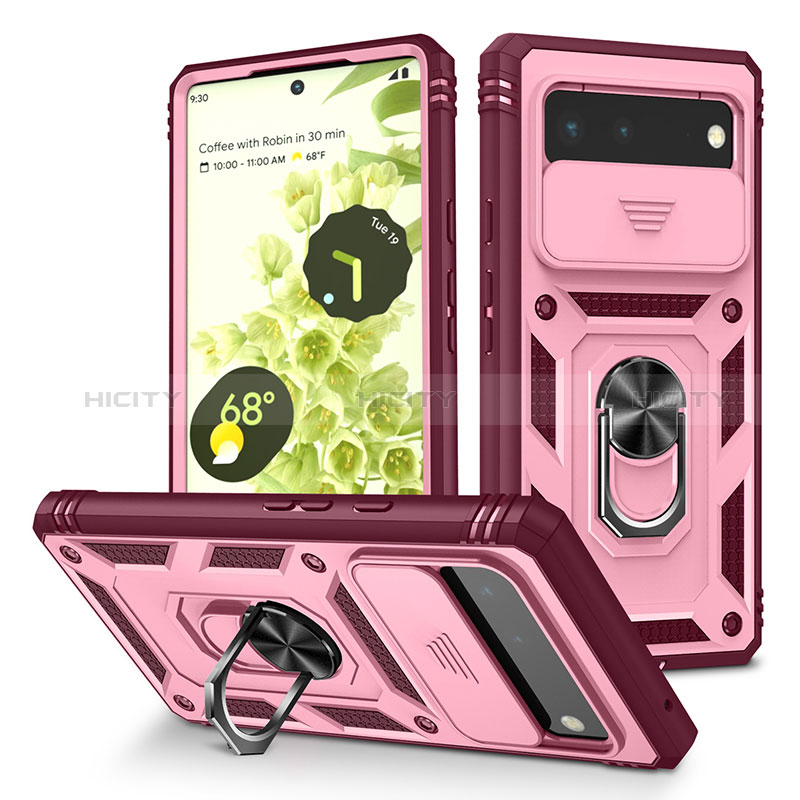 Funda Bumper Silicona y Plastico Mate Carcasa con Magnetico Anillo de dedo Soporte MQ5 para Google Pixel 6 5G Rosa Roja