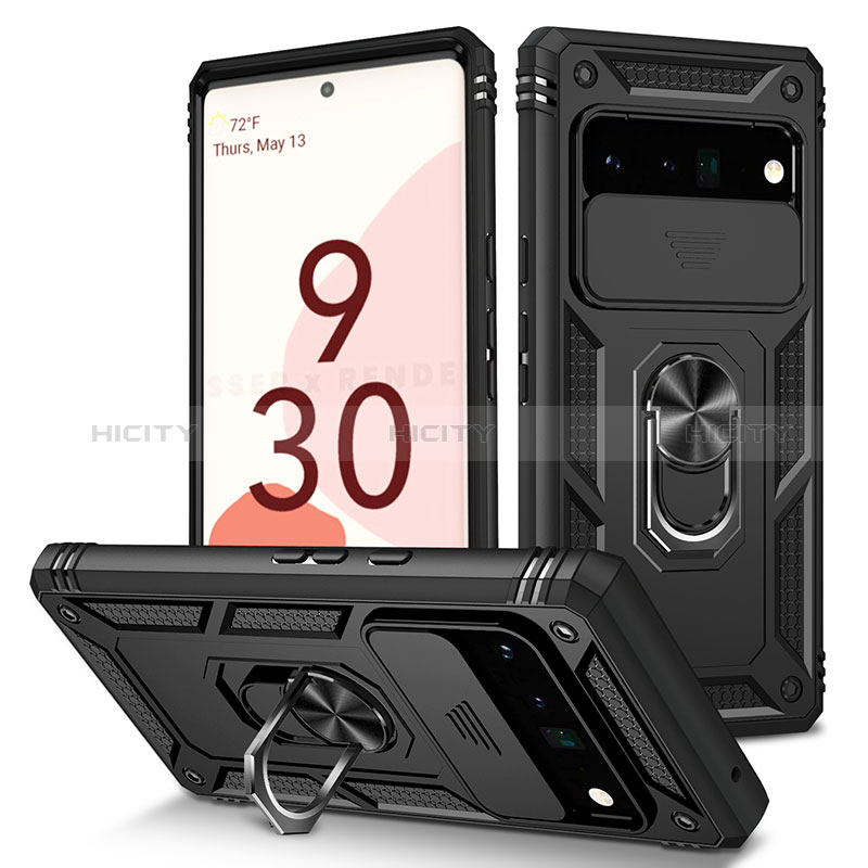 Funda Bumper Silicona y Plastico Mate Carcasa con Magnetico Anillo de dedo Soporte MQ5 para Google Pixel 6 Pro 5G Negro