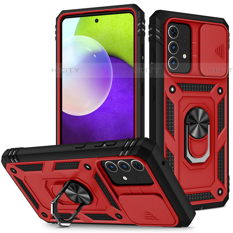 Funda Bumper Silicona y Plastico Mate Carcasa con Magnetico Anillo de dedo Soporte MQ5 para Samsung Galaxy A52 5G Rojo