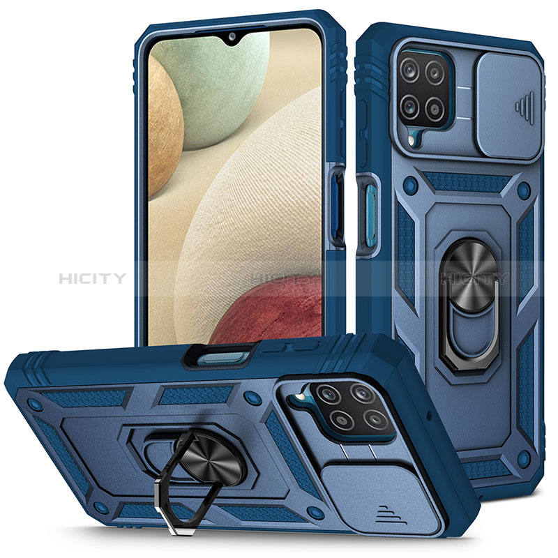 Funda Bumper Silicona y Plastico Mate Carcasa con Magnetico Anillo de dedo Soporte MQ5 para Samsung Galaxy M12 Azul