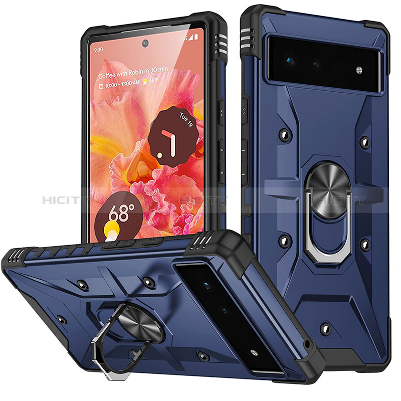 Funda Bumper Silicona y Plastico Mate Carcasa con Magnetico Anillo de dedo Soporte MQ6 para Google Pixel 6 5G Azul