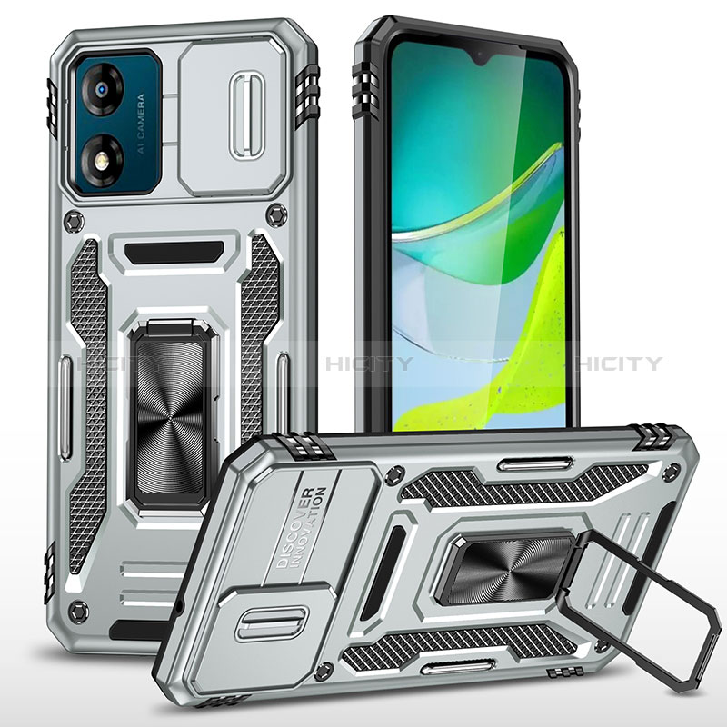 Funda Bumper Silicona y Plastico Mate Carcasa con Magnetico Anillo de dedo Soporte MQ6 para Motorola Moto E13 Plata