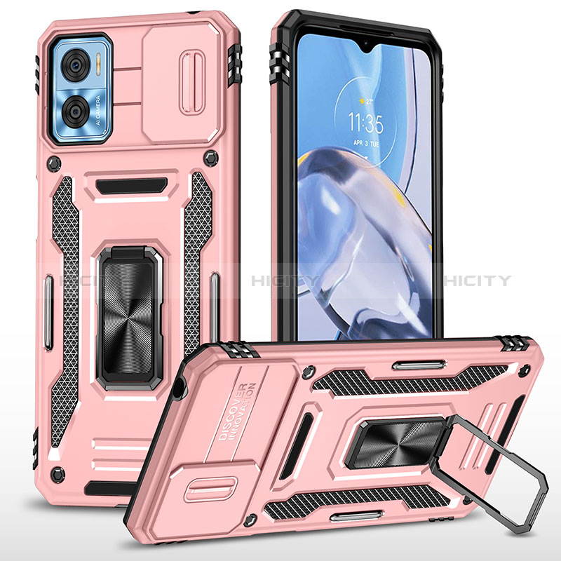 Funda Bumper Silicona y Plastico Mate Carcasa con Magnetico Anillo de dedo Soporte MQ6 para Motorola Moto E22 Oro Rosa