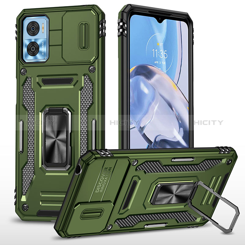 Funda Bumper Silicona y Plastico Mate Carcasa con Magnetico Anillo de dedo Soporte MQ6 para Motorola Moto E22 Verde Noche