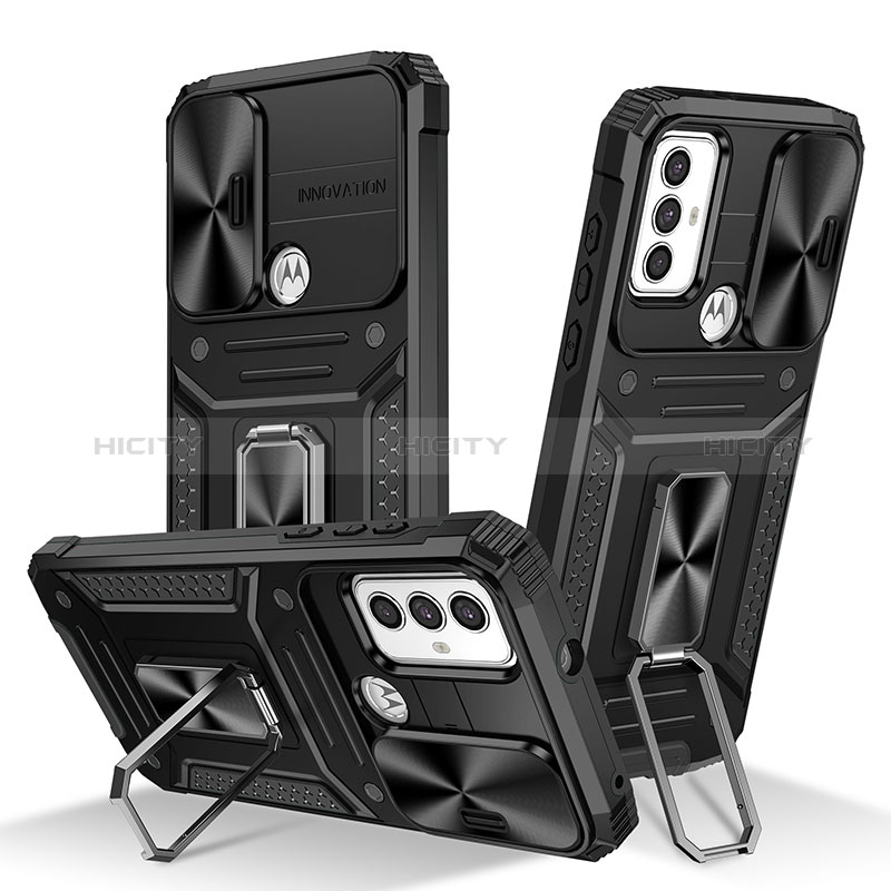 Funda Bumper Silicona y Plastico Mate Carcasa con Magnetico Anillo de dedo Soporte MQ6 para Motorola Moto G Play (2023) Negro