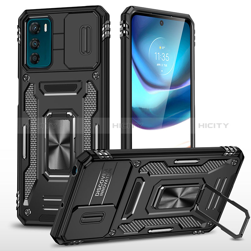 Funda Bumper Silicona y Plastico Mate Carcasa con Magnetico Anillo de dedo Soporte MQ6 para Motorola Moto G42 Negro