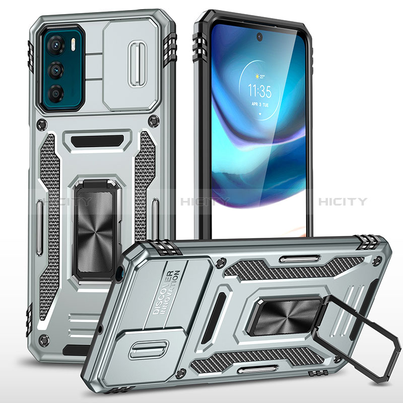 Funda Bumper Silicona y Plastico Mate Carcasa con Magnetico Anillo de dedo Soporte MQ6 para Motorola Moto G42 Plata