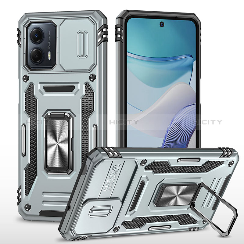 Funda Bumper Silicona y Plastico Mate Carcasa con Magnetico Anillo de dedo Soporte MQ6 para Motorola Moto G53j 5G Plata