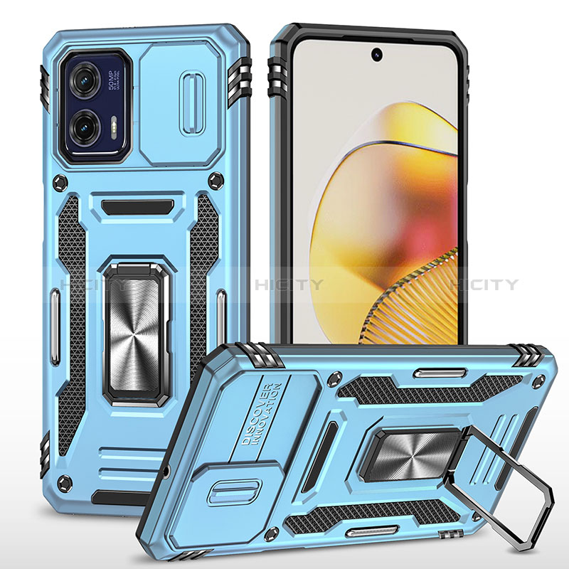 Funda Bumper Silicona y Plastico Mate Carcasa con Magnetico Anillo de dedo Soporte MQ6 para Motorola Moto G73 5G Azul Claro