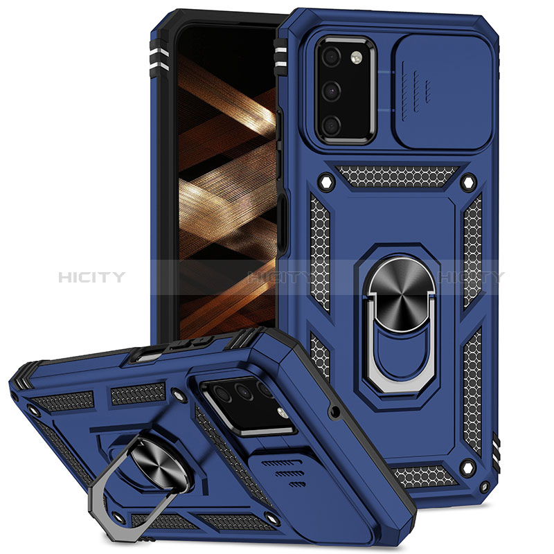 Funda Bumper Silicona y Plastico Mate Carcasa con Magnetico Anillo de dedo Soporte MQ6 para Samsung Galaxy A02s Azul