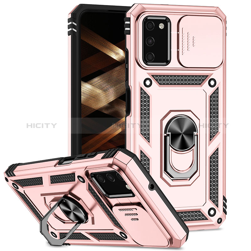 Funda Bumper Silicona y Plastico Mate Carcasa con Magnetico Anillo de dedo Soporte MQ6 para Samsung Galaxy A02s Oro Rosa