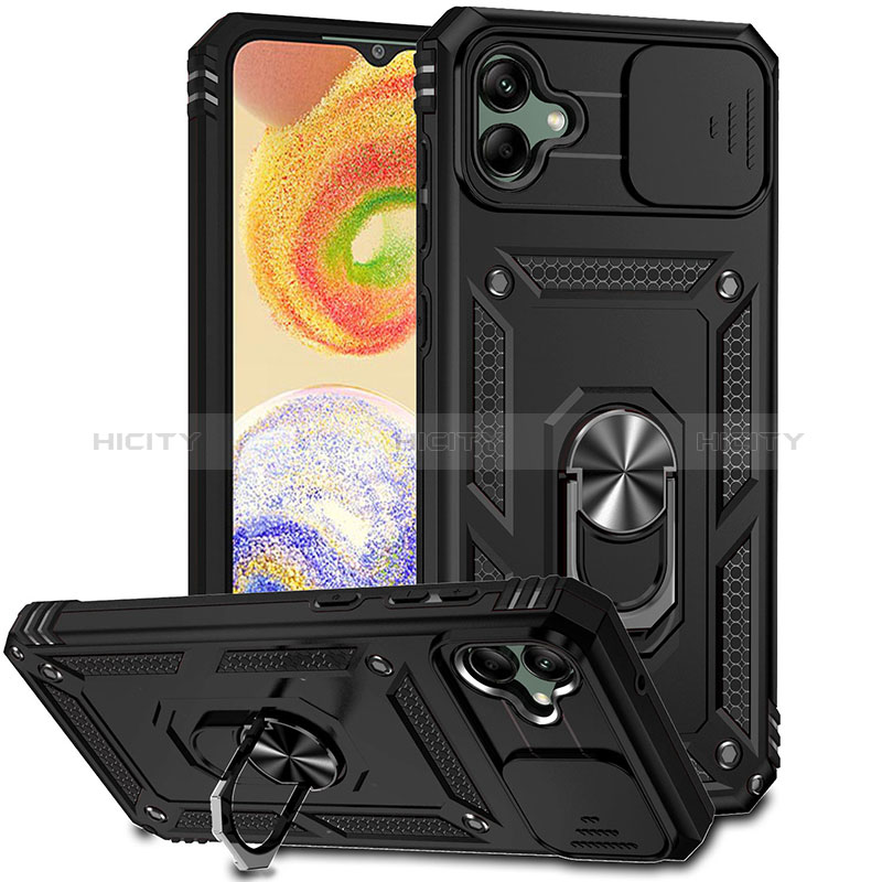 Funda Bumper Silicona y Plastico Mate Carcasa con Magnetico Anillo de dedo Soporte MQ6 para Samsung Galaxy A04 4G Negro