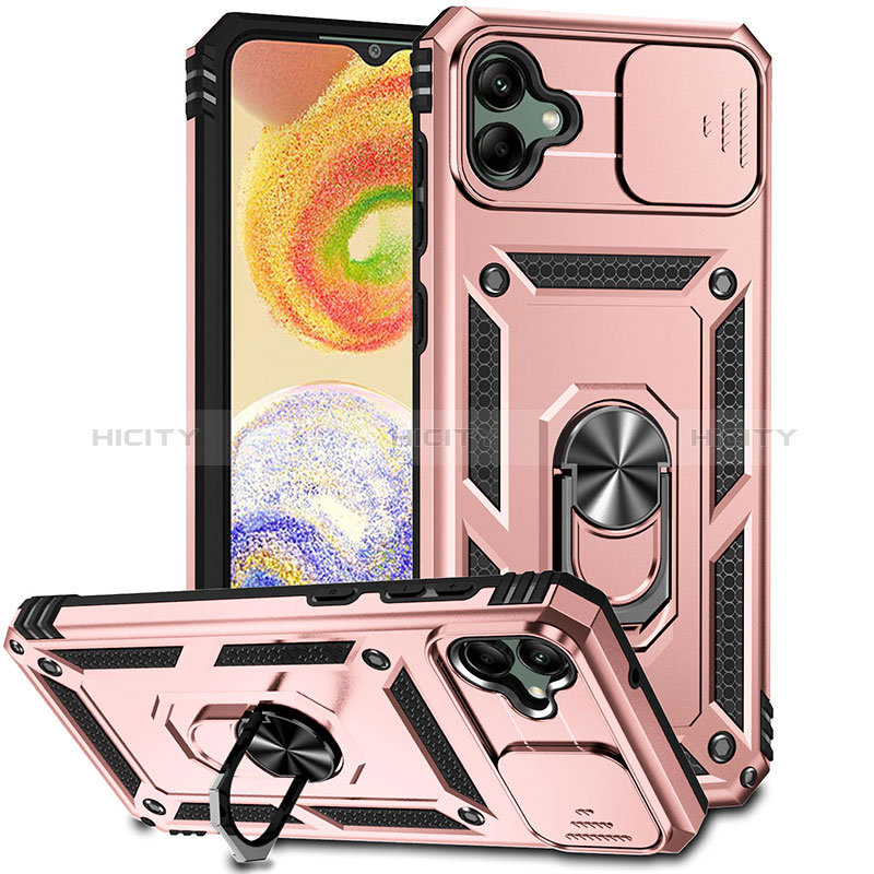 Funda Bumper Silicona y Plastico Mate Carcasa con Magnetico Anillo de dedo Soporte MQ6 para Samsung Galaxy A04 4G Oro Rosa