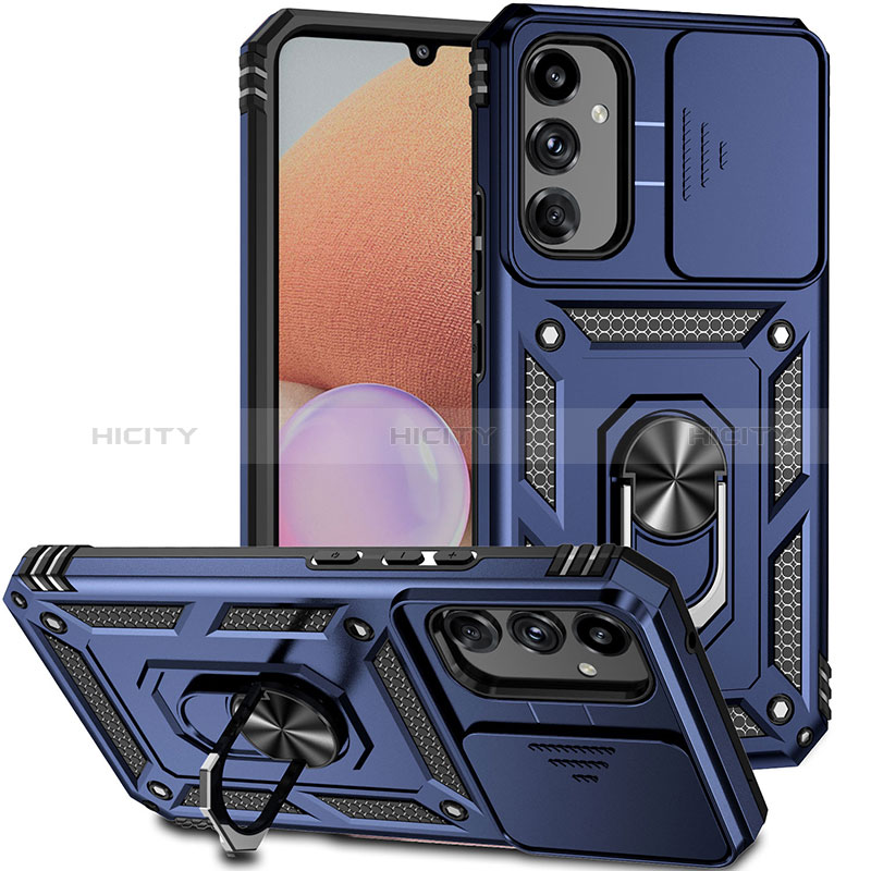 Funda Bumper Silicona y Plastico Mate Carcasa con Magnetico Anillo de dedo Soporte MQ6 para Samsung Galaxy A14 4G Azul