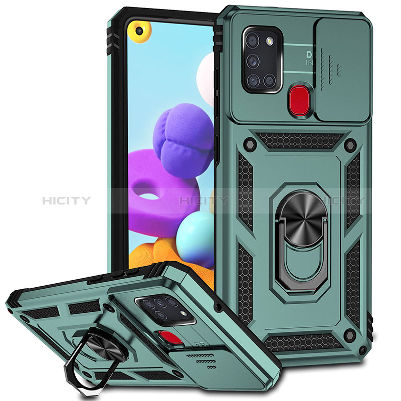 Funda Bumper Silicona y Plastico Mate Carcasa con Magnetico Anillo de dedo Soporte MQ6 para Samsung Galaxy A21s Verde