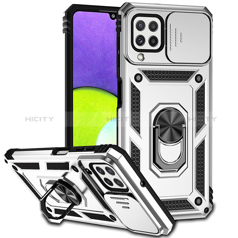 Funda Bumper Silicona y Plastico Mate Carcasa con Magnetico Anillo de dedo Soporte MQ6 para Samsung Galaxy A22 4G Plata