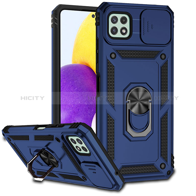 Funda Bumper Silicona y Plastico Mate Carcasa con Magnetico Anillo de dedo Soporte MQ6 para Samsung Galaxy A22 5G Azul