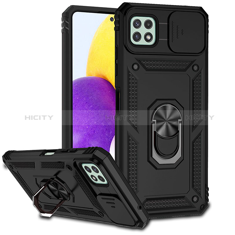 Funda Bumper Silicona y Plastico Mate Carcasa con Magnetico Anillo de dedo Soporte MQ6 para Samsung Galaxy A22 5G Negro