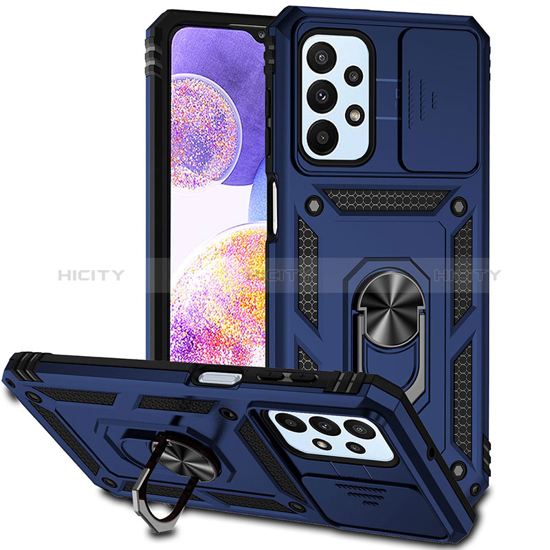 Funda Bumper Silicona y Plastico Mate Carcasa con Magnetico Anillo de dedo Soporte MQ6 para Samsung Galaxy A23 4G Azul