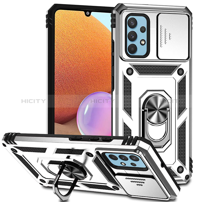 Funda Bumper Silicona y Plastico Mate Carcasa con Magnetico Anillo de dedo Soporte MQ6 para Samsung Galaxy A32 4G Plata