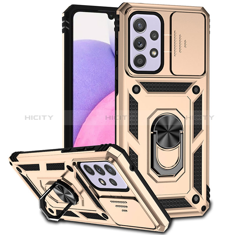 Funda Bumper Silicona y Plastico Mate Carcasa con Magnetico Anillo de dedo Soporte MQ6 para Samsung Galaxy A33 5G Oro