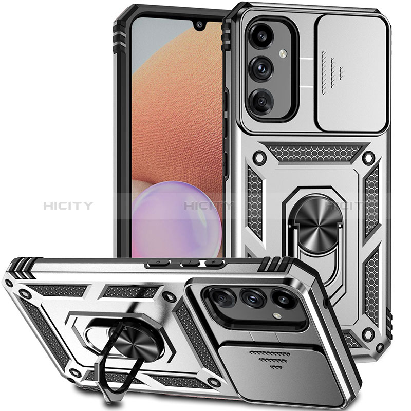 Funda Bumper Silicona y Plastico Mate Carcasa con Magnetico Anillo de dedo Soporte MQ6 para Samsung Galaxy A34 5G Plata