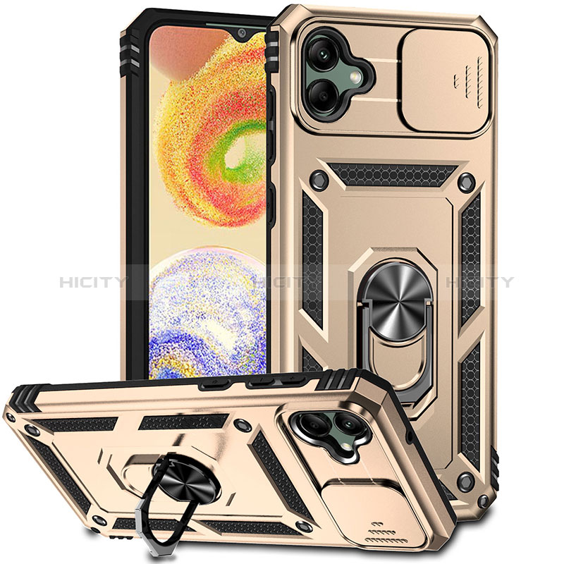 Funda Bumper Silicona y Plastico Mate Carcasa con Magnetico Anillo de dedo Soporte MQ6 para Samsung Galaxy F04 Oro