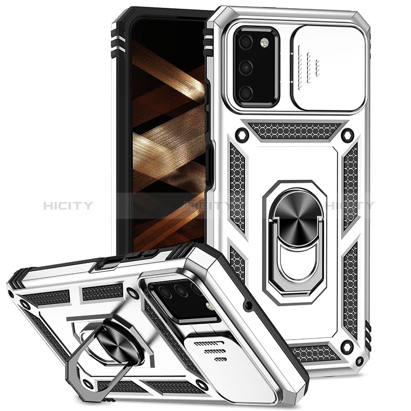 Funda Bumper Silicona y Plastico Mate Carcasa con Magnetico Anillo de dedo Soporte MQ6 para Samsung Galaxy M02s Plata