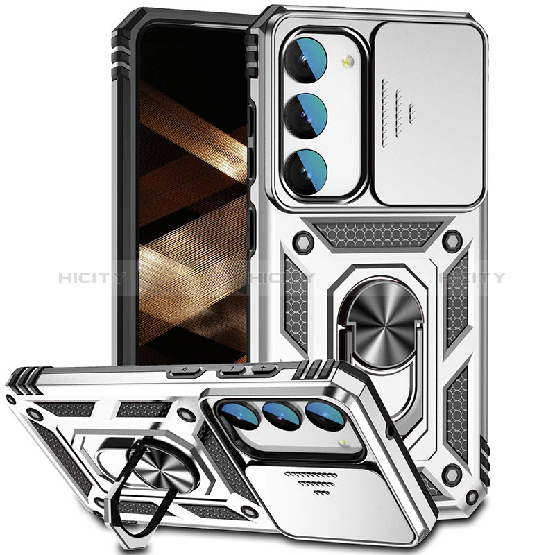 Funda Bumper Silicona y Plastico Mate Carcasa con Magnetico Anillo de dedo Soporte MQ6 para Samsung Galaxy S24 5G Plata