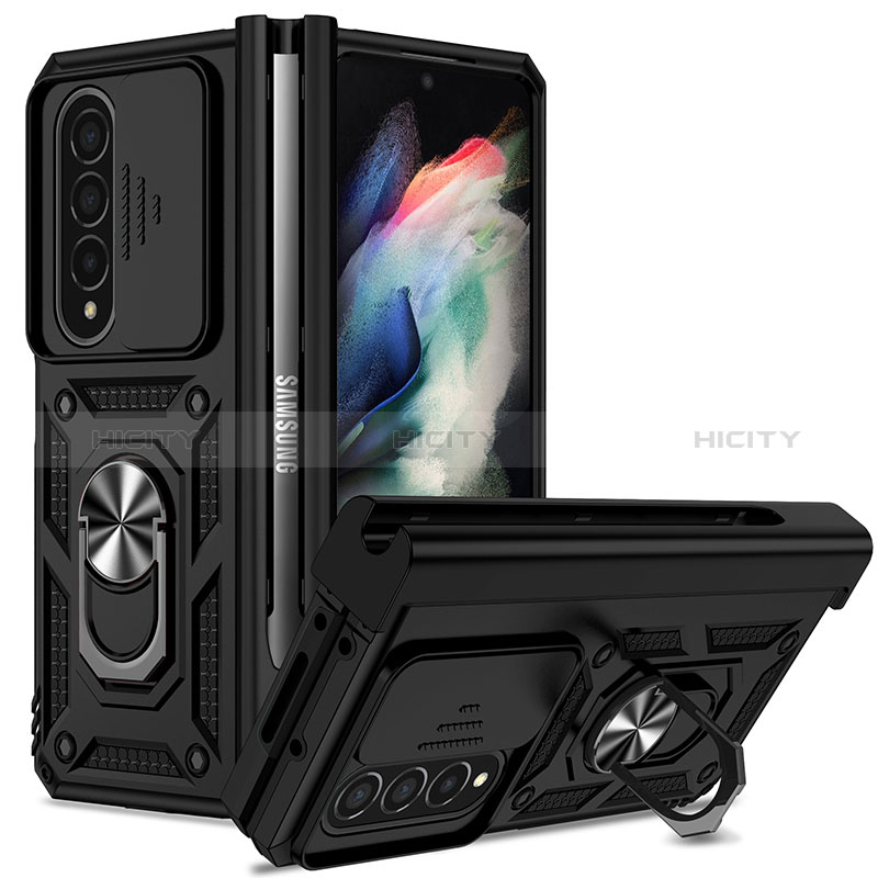 Funda Bumper Silicona y Plastico Mate Carcasa con Magnetico Anillo de dedo Soporte MQ6 para Samsung Galaxy Z Fold3 5G Negro