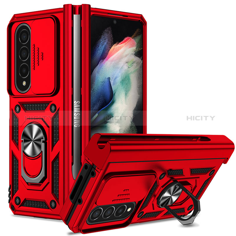 Funda Bumper Silicona y Plastico Mate Carcasa con Magnetico Anillo de dedo Soporte MQ6 para Samsung Galaxy Z Fold3 5G Rojo